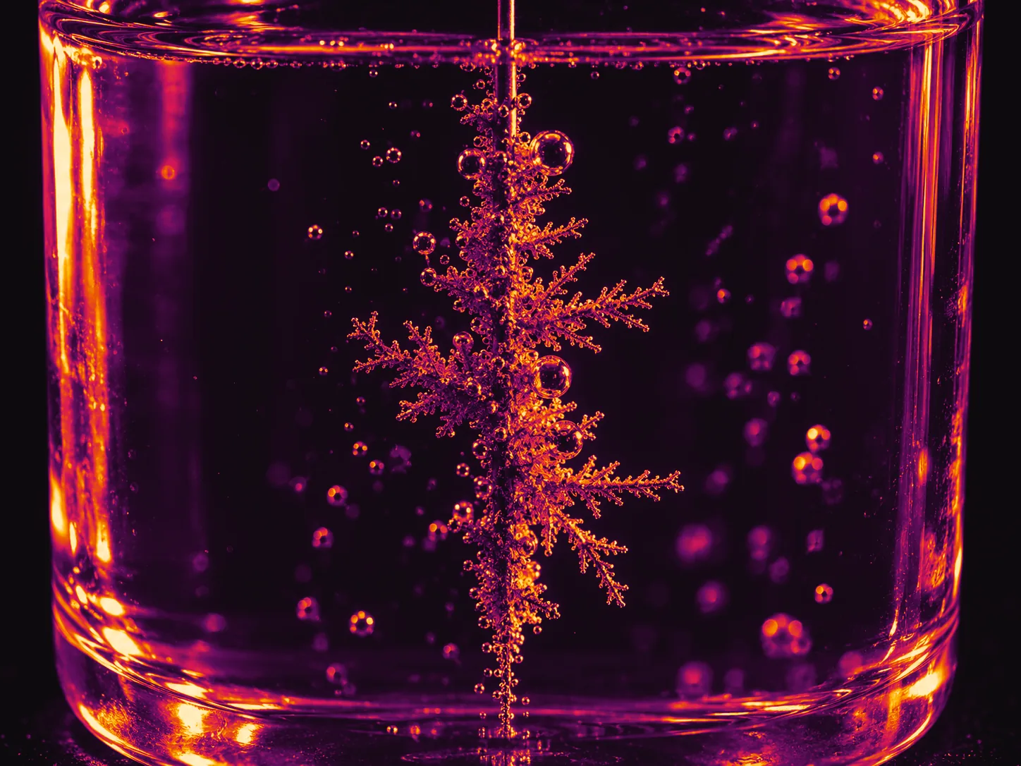 Illustrative photograph: a wire cathode carrying a dendritic metal deposit, fine electrolyte bubbles rising
