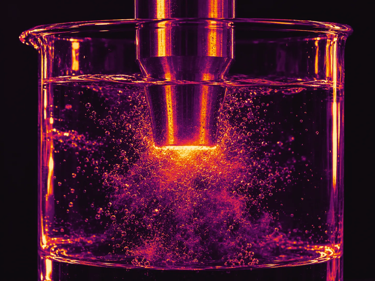 Illustrative photograph: a titanium ultrasound horn submerged in liquid, a cavitation bubble cloud glowing at its tip