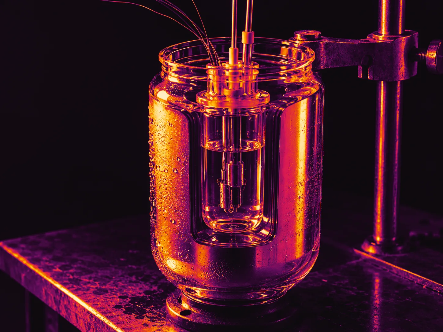 Illustrative photograph: a glass calorimeter cell inside an open silvered Dewar, with fine leads and a laboratory clamp