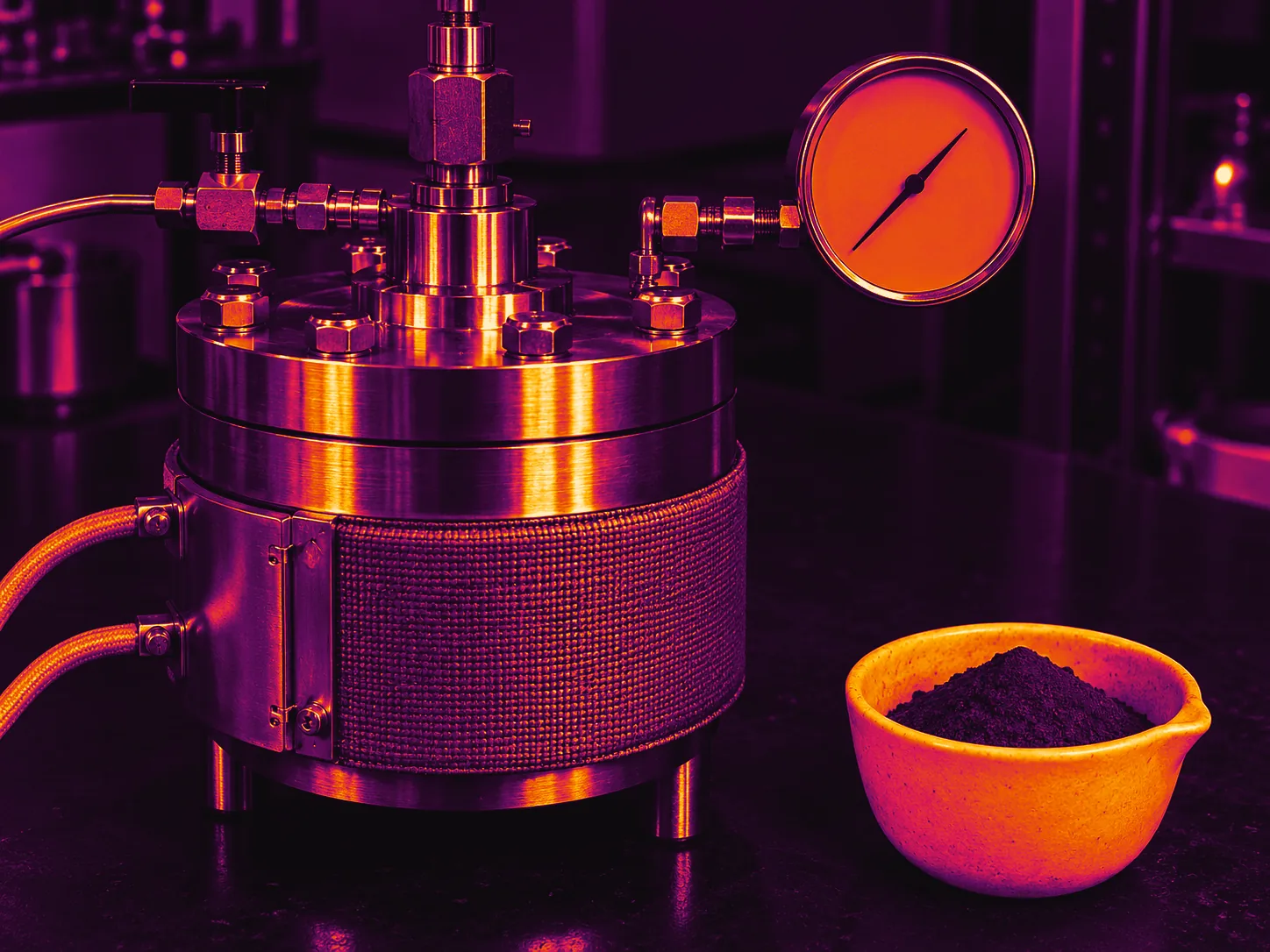 Illustrative photograph: a band-heated stainless reactor, a pressure gauge and a crucible of metal powder