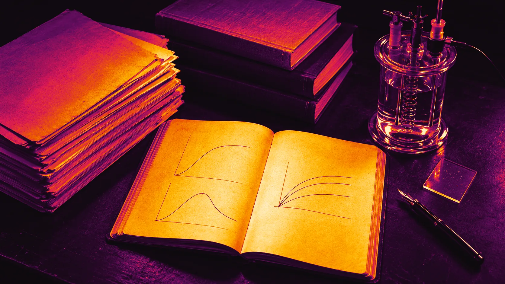 Illustrative photograph: stacked journal reprints and bound volumes, an open lab notebook with hand-drawn curves, an electrochemical glass cell and a detector chip on a dark desk