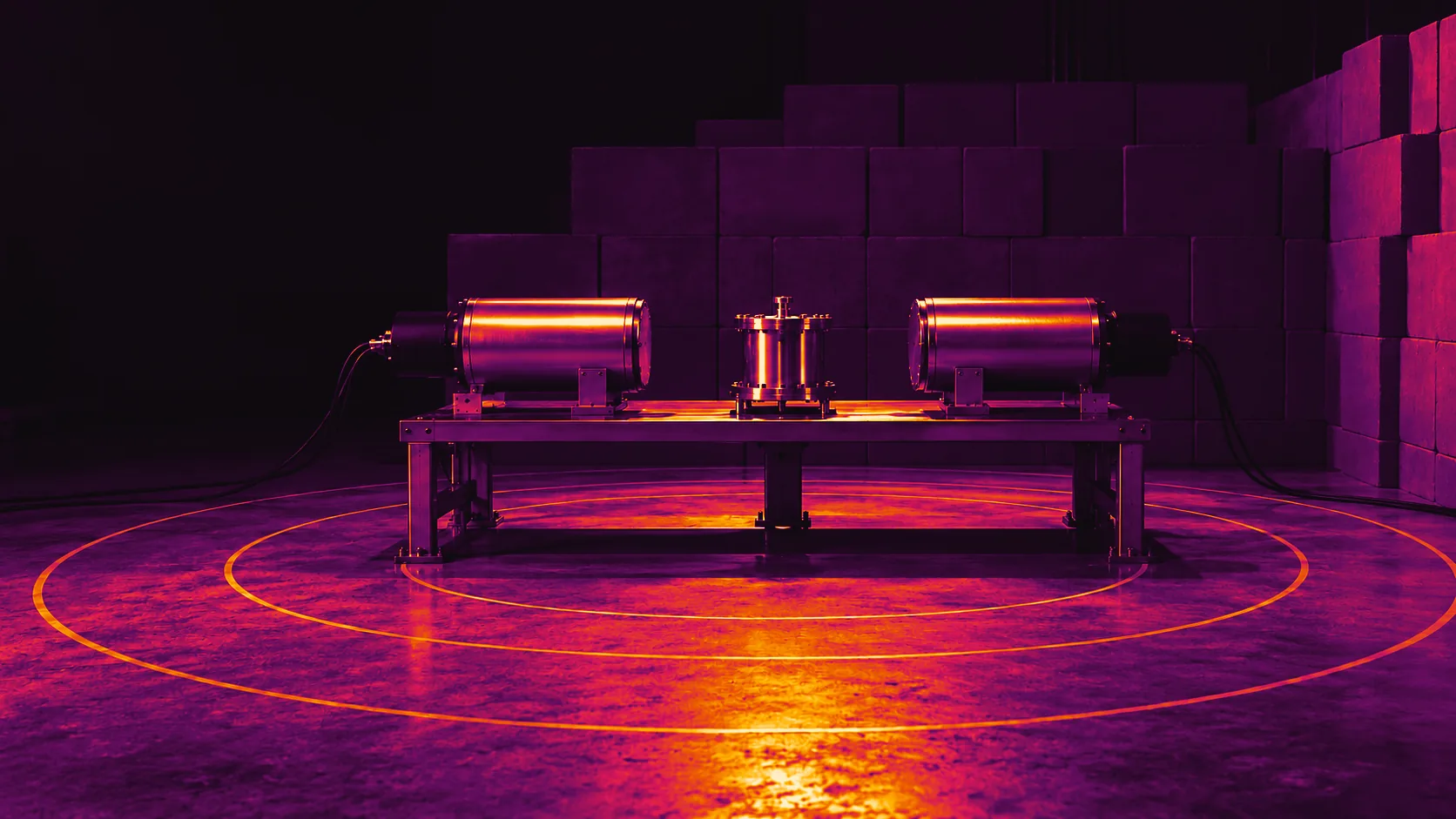 Illustrative image: two cylindrical scintillation detectors on a bench either side of a small steel cell, painted rings on the floor, shielding blocks behind.