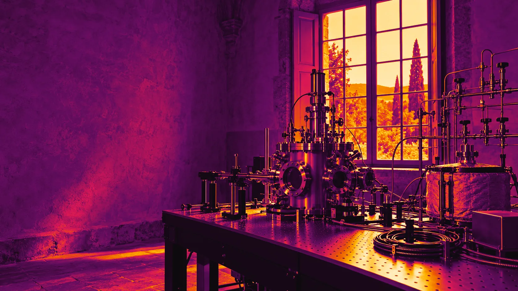 Illustrative photograph: a vaulted villa room fitted as a laboratory, a steel vacuum chamber and gas lines on an optical table by a tall window